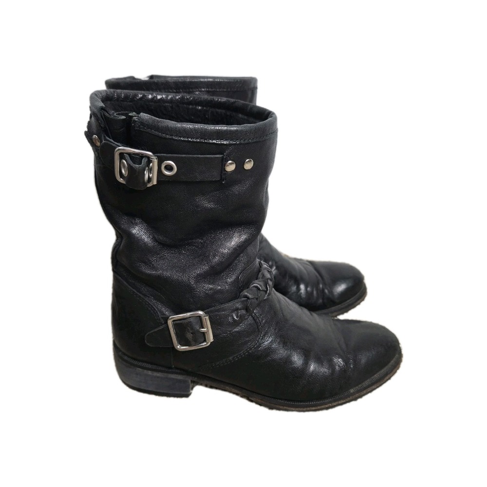 Latitude Femme Leather Moto Biker Boots Buckle Fur Lined‎ Sz 36 IT US 6 Italy